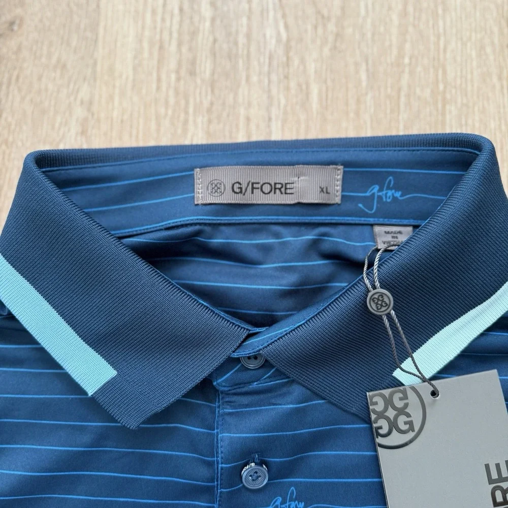 Men's Navy Striped Performance Polo Shirt by G/Fore - Picture 6 of 9